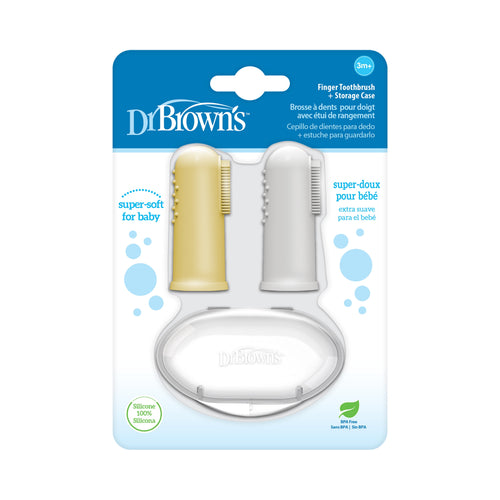 Dr. Brown's blister-pack card showing gray and yellow silicone finger toothbrushes and clear storage case
