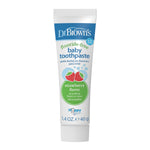 Single tube of Dr. Brown's fluoride-free strawberry baby toothpaste photographed upright on a white background.