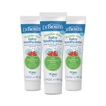 Three tubes of Dr. Brown's fluoride-free baby toothpaste with strawberry graphics on white background