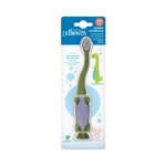 Dr. Brown's toddler toothbrush in blister card packaging featuring a green dinosaur illustration and product callouts