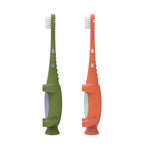 Side profile of two Dr. Brown's toddler toothbrushes with soft bristles, green and orange handles on white.