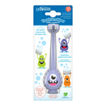 Purple ToothScrubber toddler toothbrush on branded Dr. Brown's blister card showing monster illustrations and product claims