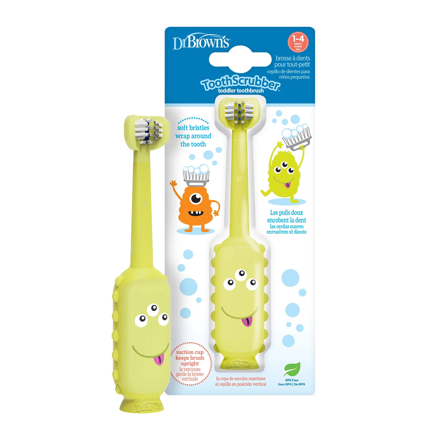 Dr. Brown's yellow three-sided toddler toothbrush on retail card with monster character artwork