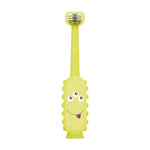 Isolated Dr. Brown's yellow three-sided toddler toothbrush with suction-base handle on white background