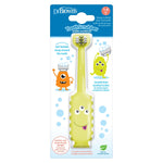 Front view of Dr. Brown's ToothScrubber toddler toothbrush in blister card packaging with blue header