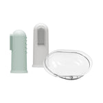 Two silicone finger toothbrushes, one light green and one gray, shown with a clear oval Dr. Brown's storage case