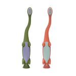 Two Dr. Brown's toddler toothbrushes standing upright, one green and one orange, shown on a white background.