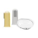 Two silicone finger toothbrushes, one yellow and one gray, shown next to a clear oval storage case on white background