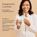 Portrait of Dr. Chrystle Cu holding a clear Cocofloss refill case with accompanying text about product design and awards on a warm beige background