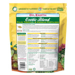 Back of Dr. Earth Exotic Blend fertilizer pouch showing product information, instructions and barcode