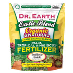 Close-up of Dr. Earth Exotic Blend organic & natural palm and tropical fertilizer pouch with TruBiotic badge