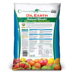 Back of a Dr. Earth Natural Wonder Fruit Tree Fertilizer bag showing usage instructions, guarantee panel and fruit illustrations