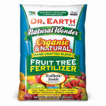 Front of a Dr. Earth Natural Wonder Fruit Tree Fertilizer bag with colorful fruit graphics and product name