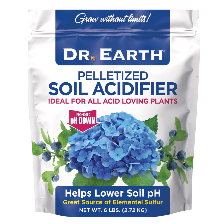 Dr. Earth branded white pouch labeled Pelletized Soil Acidifier with blue hydrangea artwork and product claims on front.