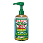 Bottle of Dr. Earth Pump & Grow concentrated indoor plant food with green pump dispenser on white background