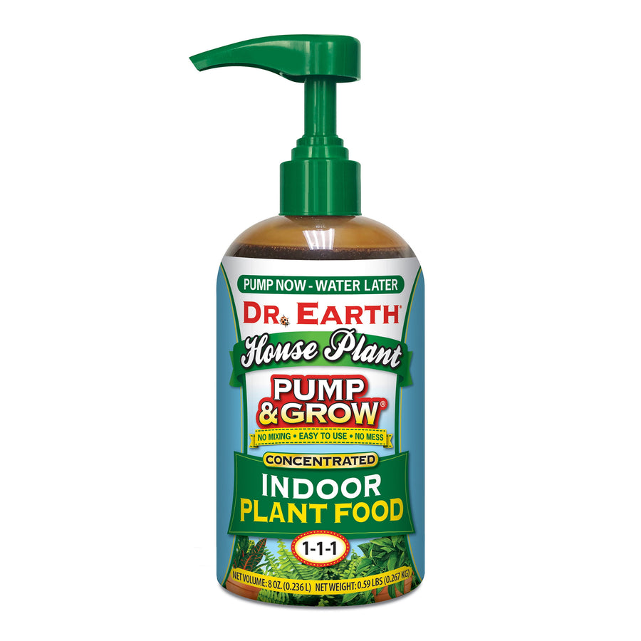 Bottle of Dr. Earth Pump & Grow concentrated indoor plant food with green pump dispenser on white background