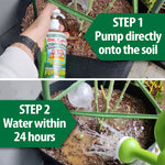 Two-panel lifestyle image showing a hand pumping Dr. Earth bottle onto potting soil, then watering soil within 24 hours