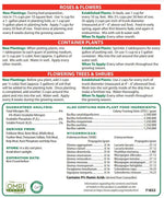 Close-up instruction and guaranteed analysis panel for rose and flower fertilizer with headings and ingredient lists