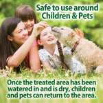 Image of a smiling woman and two children on grass with a dog, overlaid text about product safety for children and pets