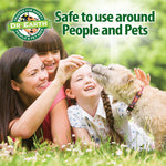 Promo image of smiling family and a dog on grass with text reading safe to use around people and pets and Dr. Earth seal
