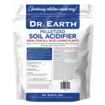 Back of a Dr. Earth Pelletized Soil Acidifier pouch showing usage instructions, guarantee box and company contact info.