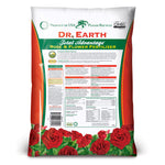 Back of a Dr. Earth Total Advantage Rose & Flower fertilizer bag showing product text blocks, instructions and rose artwork at the bottom