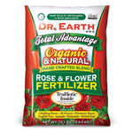 Front of a Dr. Earth Total Advantage Rose & Flower fertilizer bag with bold organic branding and rose graphics