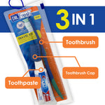 Dr. Fresh travel kit product graphic with labeled callouts pointing to toothbrush, toothbrush cap and toothpaste, and large "3 IN 1" text.