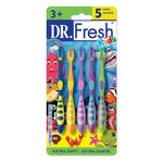 Dr. Fresh Kids five-pack of colorful children's toothbrushes in ocean-themed blister card packaging