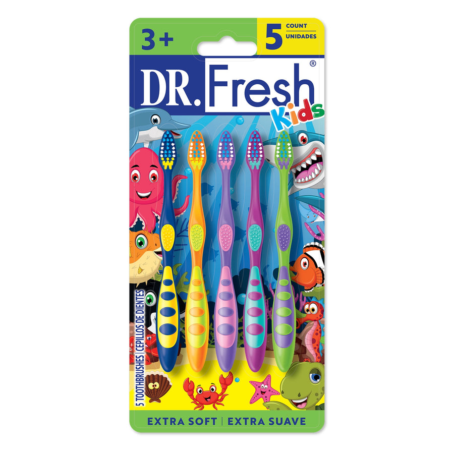 Dr. Fresh Kids five-pack of colorful children's toothbrushes in ocean-themed blister card packaging