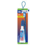 Dr. Fresh travel toothbrush kit in blister pack showing toothbrush with cap and a small toothpaste tube on gradient background.
