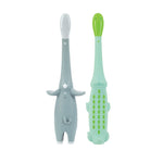 Pair of Dr. Talbot's animal-shaped toddler toothbrushes, grey and mint green, isolated on a white background