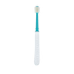 Single Dr. Talbot's toddler 360° toothbrush with aqua neck shown on white background, close-up of handle and head