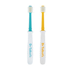 Two Dr. Talbot's toddler 360° toothbrushes with aqua and yellow necks and white handles on white background