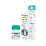 White bottle with green cap beside a Dr. Talbot's chamomile Night Time Soothing Tablets box on white background.