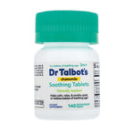 Close-up of the white bottle with teal cap labeled Dr. Talbot's Chamomile Soothing Tablets showing front product text