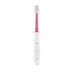 Close-up of a Dr. Talbot's pink-neck 360° toddler toothbrush showing bristle head and white textured handle on white background.