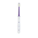 Close-up of a Dr. Talbot's purple-neck 360° toddler toothbrush showing bristle head and white textured handle on white background.