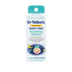 Tall rectangular Dr. Talbot's chamomile Night Time Soothing Tablets retail box front with moon and baby illustration.