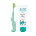 Dr. Talbot's toddler toothpaste tube and green alligator-shaped training toothbrush on white background