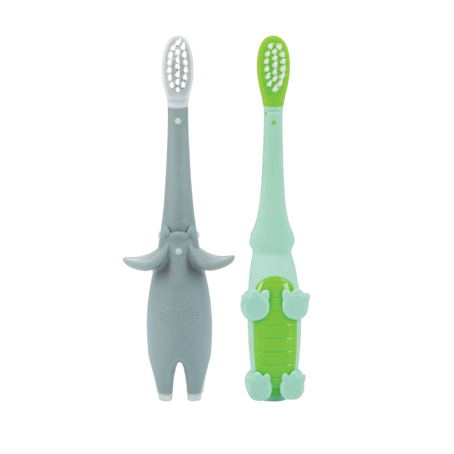 Two Dr. Talbot's toddler animal-shaped toothbrushes, one grey and one mint/green, on a white background