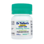 White plastic bottle with green ribbed cap labeled Dr. Talbot's Night Time Soothing Tablets on white background.