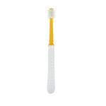 Single Dr. Talbot's toddler 360° toothbrush with yellow neck shown on white background, focus on bristle head