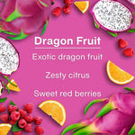 Promotional graphic with dragon fruit, citrus and berries on magenta background listing aroma notes for Dragon Fruit