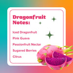 Graphic card titled 'Dragonfruit Notes' listing iced dragonfruit, pink guava, passionfruit nectar and citrus