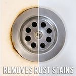Close-up split image of a drain showing heavy rust stains on the left and a clean drain on the right with removes rust stains text