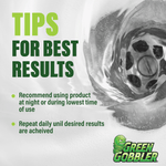 Drain close-up with 'Tips for Best Results' heading and two bullet points recommending nighttime use and repeat applications