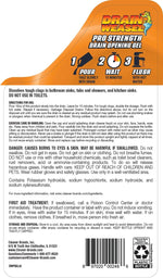 Back label of Drain Weasel Pro Strength drain opening gel with usage icons, directions, warnings, and barcode