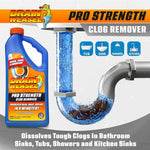 Product and illustrated pipe graphic showing Drain Weasel bottle beside a U-bend with flowing blue liquid