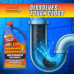 Drain Weasel bottle next to an illustrated U‑bend pipe with blue fluid flowing and clearing a clog graphic.